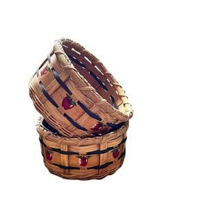 Vintage Apple Hand Painted Baskets: Hand Woven, 70s 80s Cottagecore, S|2.